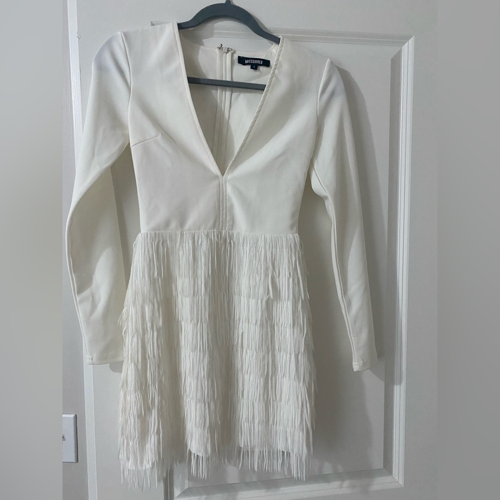 White fringe long sleeve dress